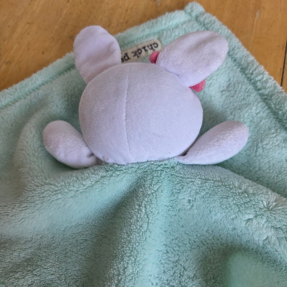 Chick Pea Mint Green White Bunny Rabbit Pink Bow Lovey Security Blanket 13 inch - Picture 4 of 11